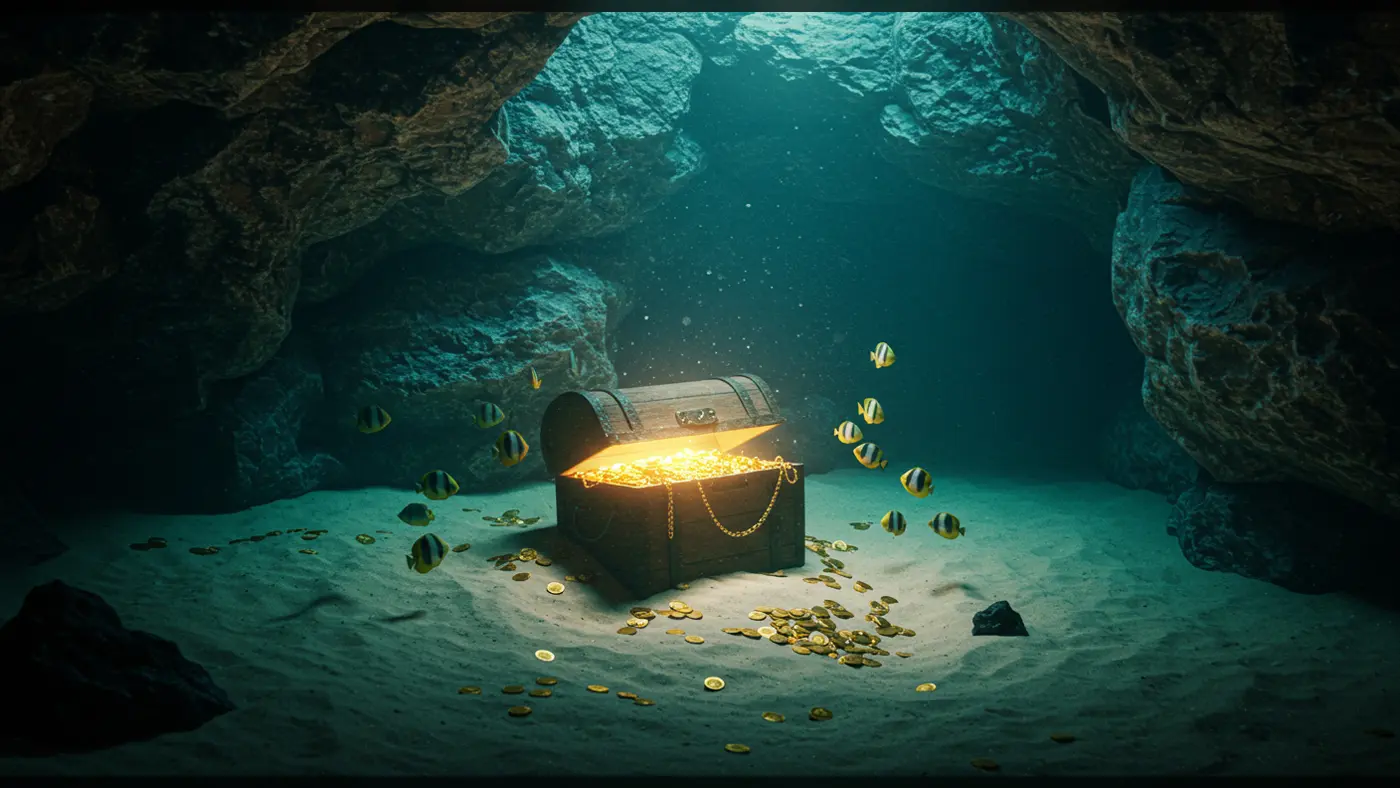 Golden Treasure Chest in Underwater Rocky Cave with Fish