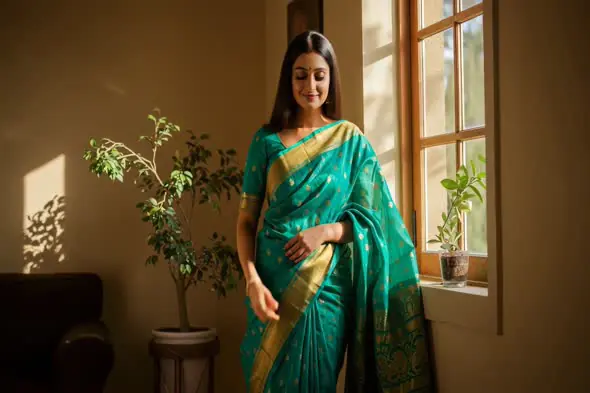 Smiling Indian Woman in Green Saree by Window