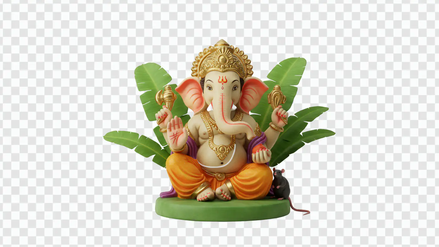 Colorful Lord Ganesha Statue with Banana Leaves PNG