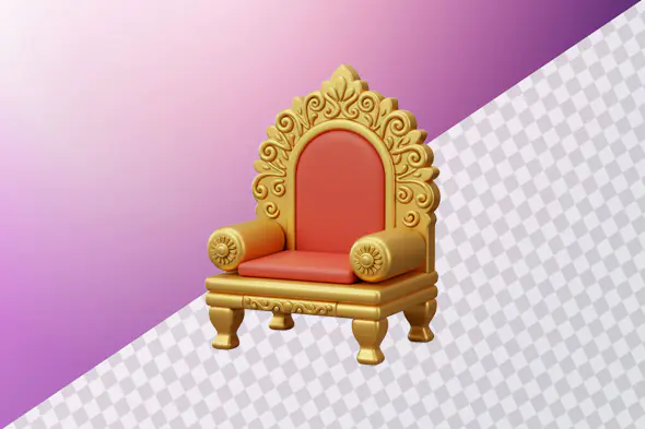 Ornate golden throne with red cushion and scrollwork