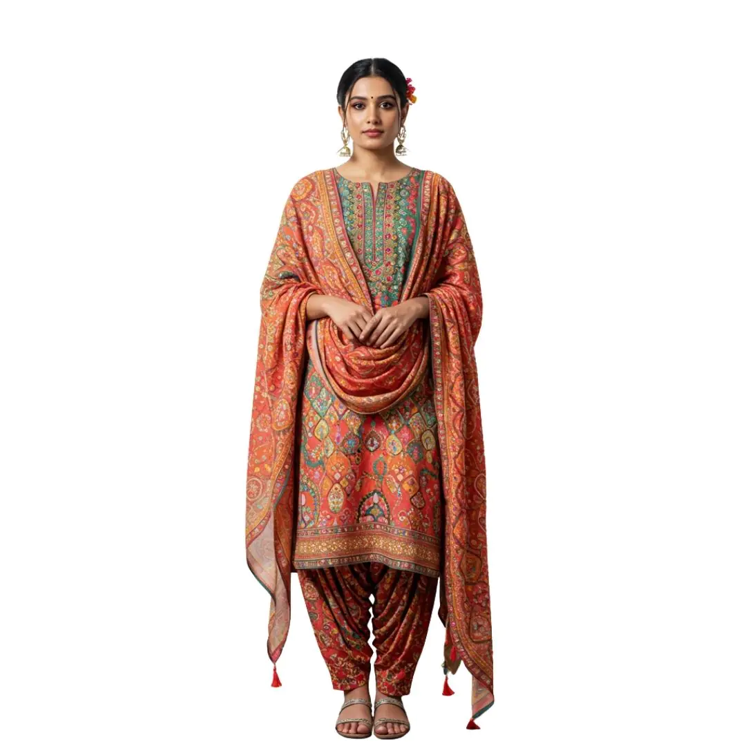 Elegant Woman in Colorful Patiala Suit PNG