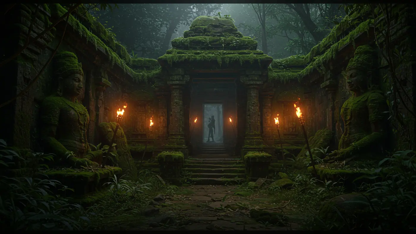 Ancient Jungle Temple with Moss-Covered Statues and Torchlit Path – Mysterious Indian Explorer Scene