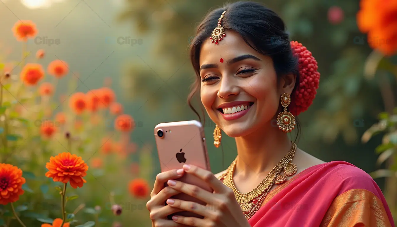 Smiling Woman in Traditional Attire Using Smartphone