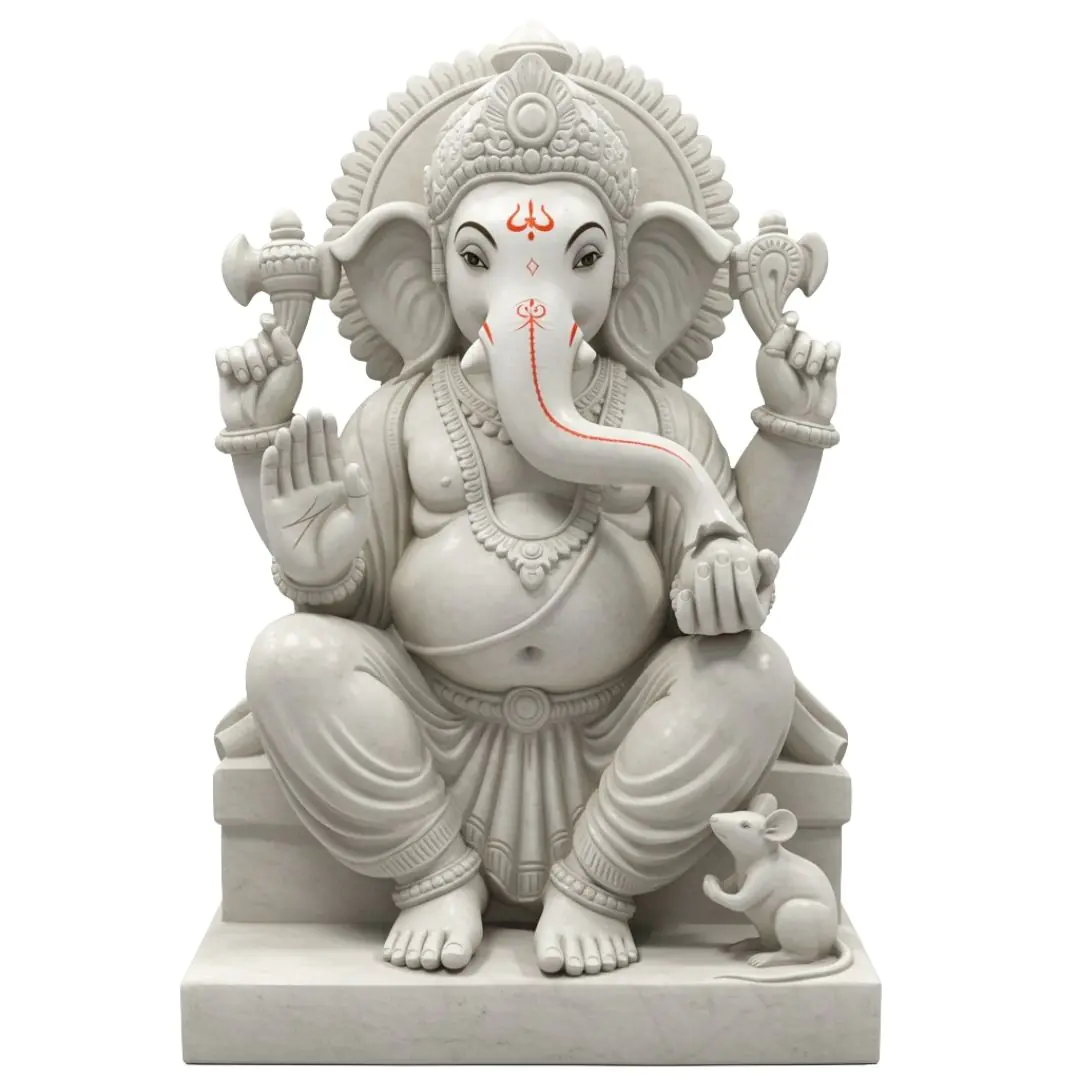 Majestic White Marble Lord Ganesha Statue PNG