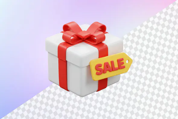 White gift box red ribbon yellow sale tag