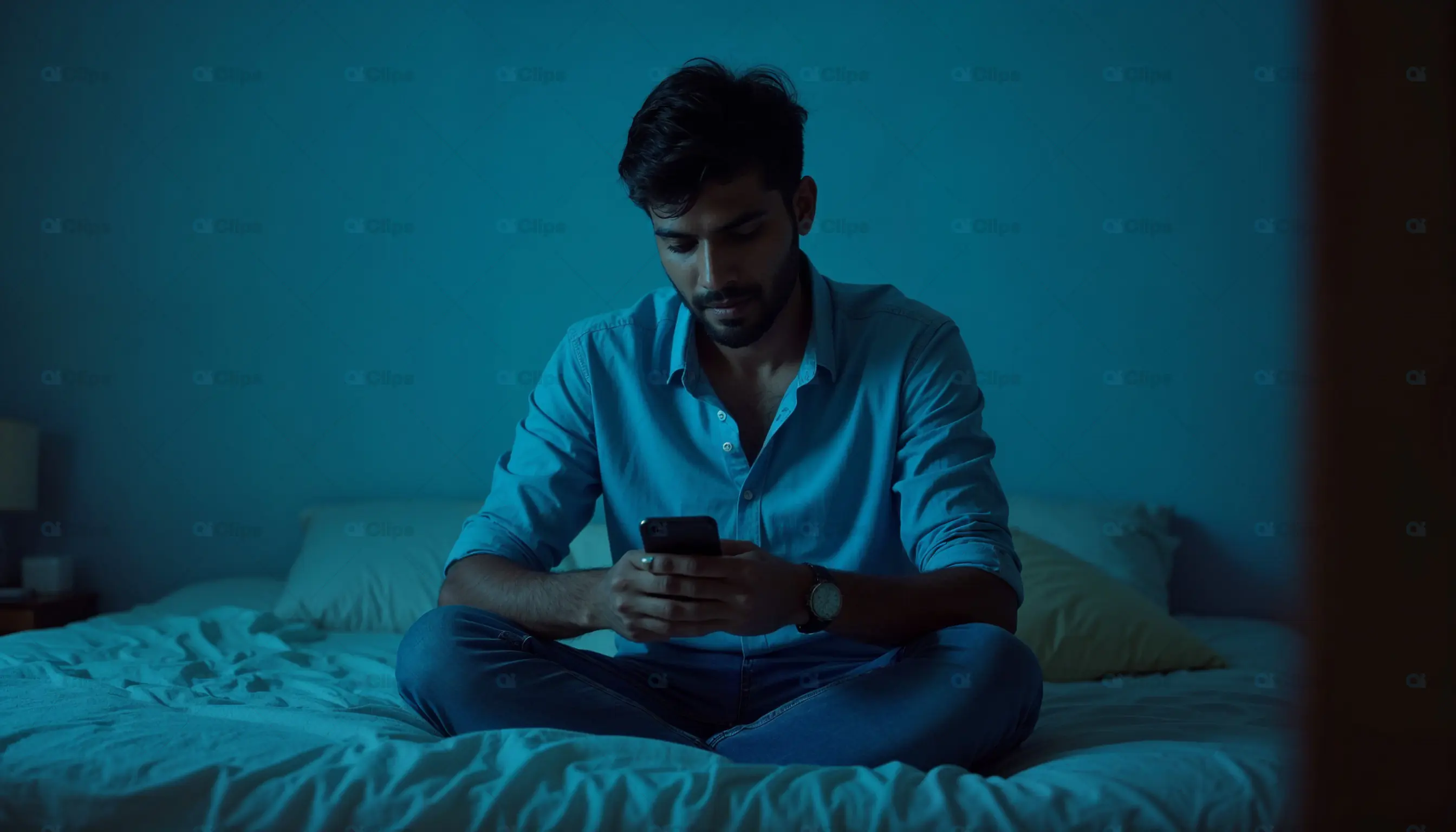 Man Sitting on Bed Using Smartphone at Night