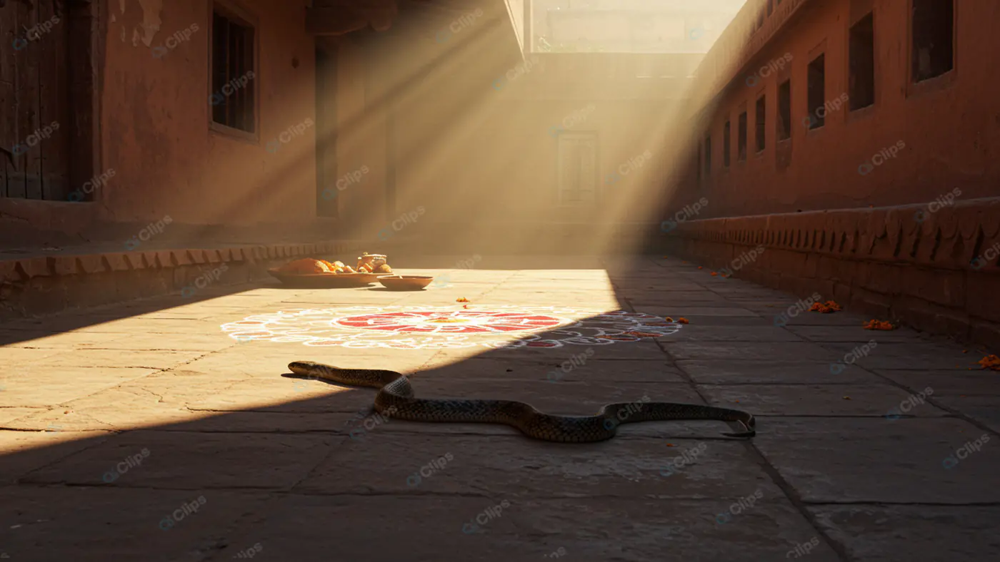 Sunlit Courtyard with Snake and Rangoli