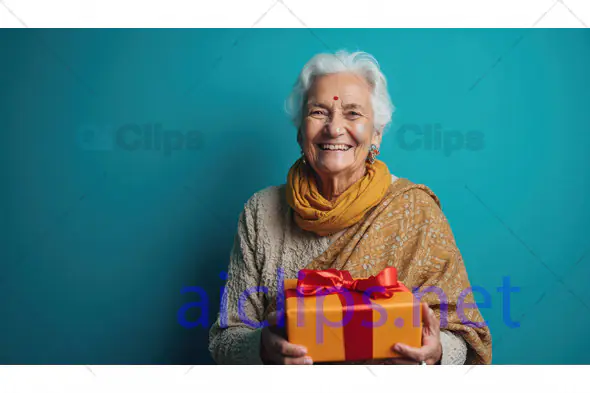 Elderly Woman Holding Gift with Joyful Smile