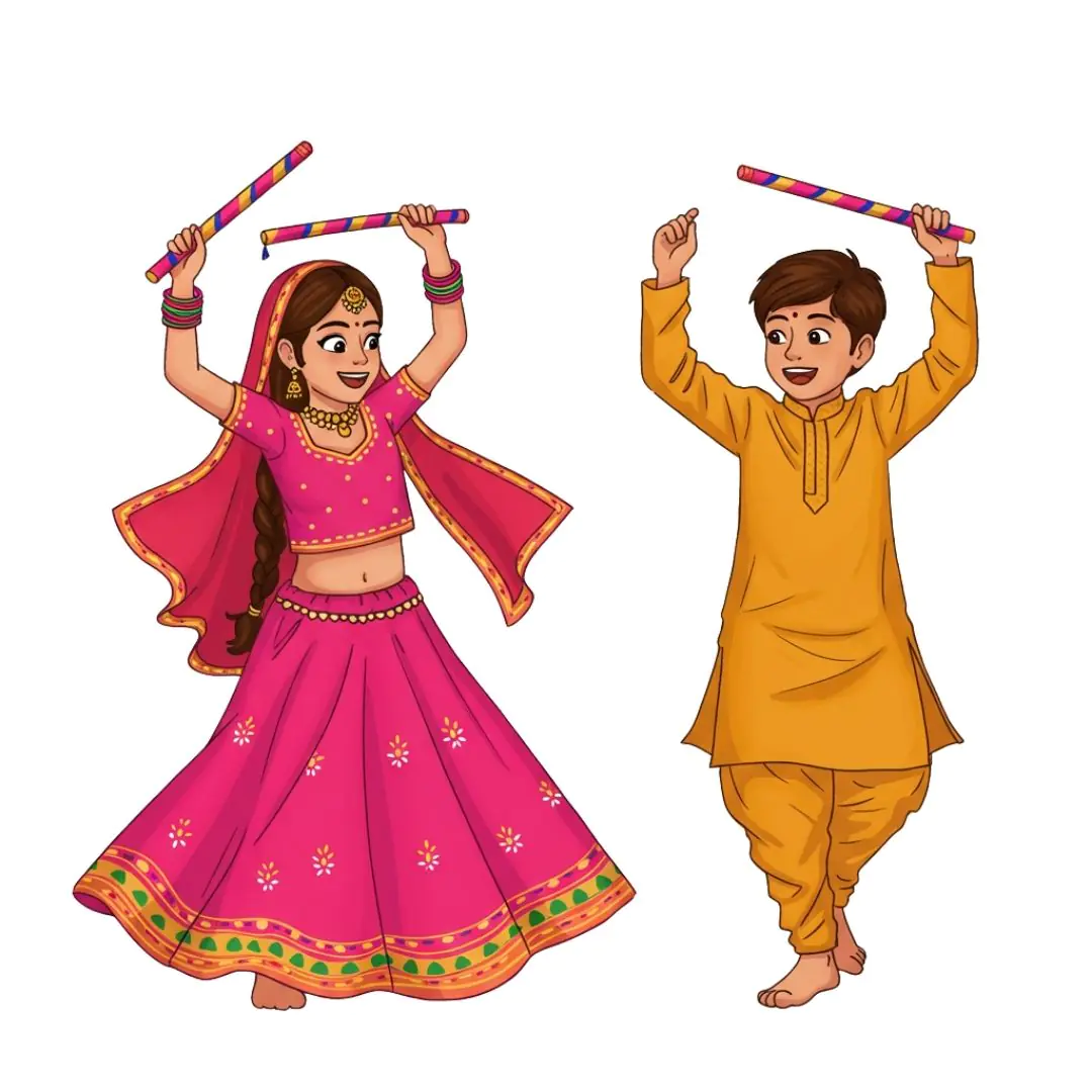 Joyful Children Playing Dandiya Dance with Sticks PNG