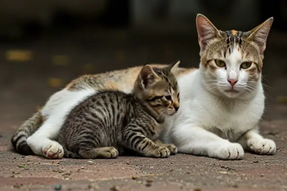 Feline Duo: Mother and Kitten Bonding