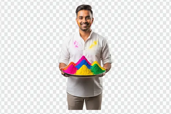 Joyful Indian Man with Colorful Holi Gulal Tray PNG