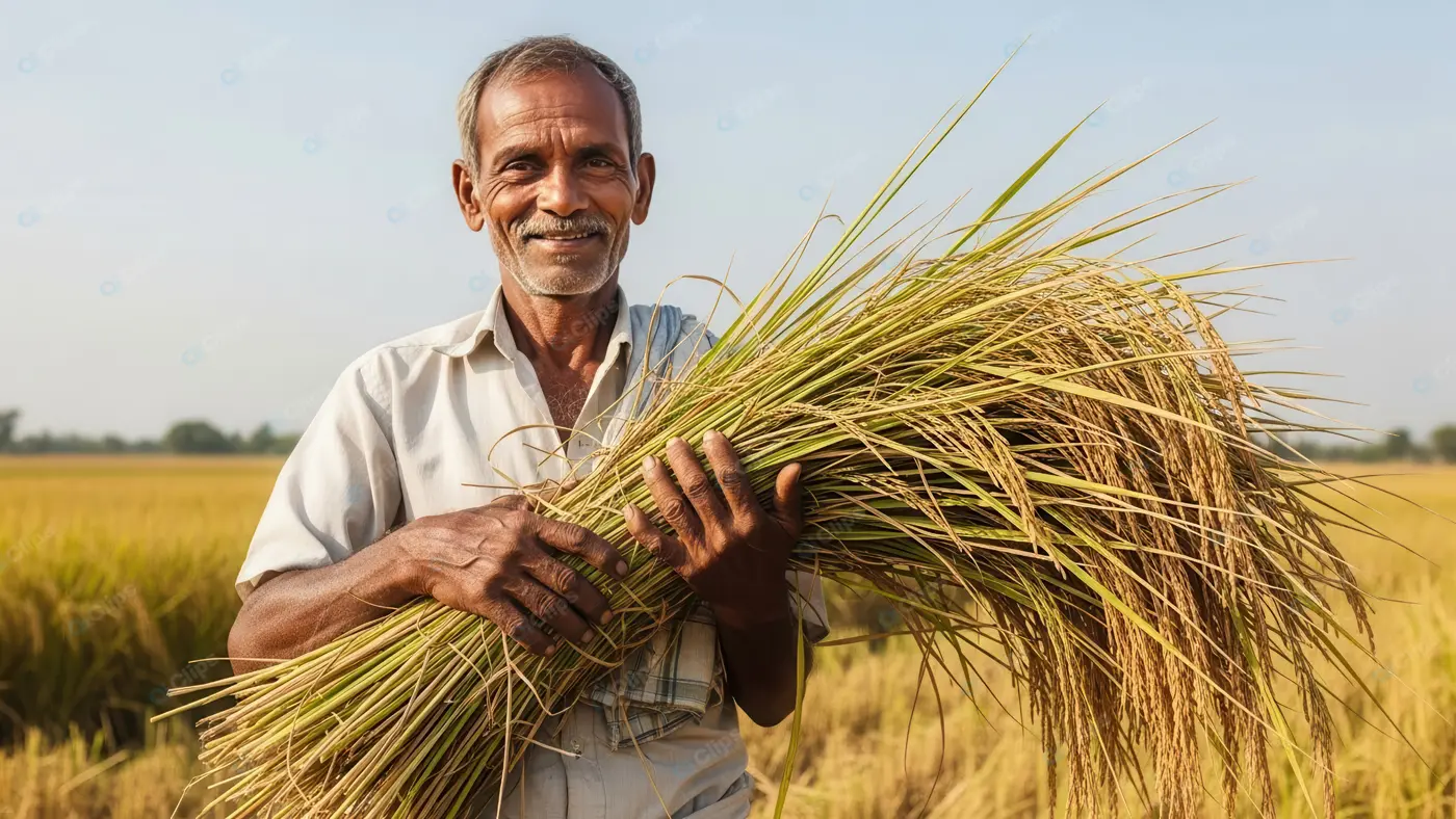 Proud Indian Farmer with Golden Rice Harvest