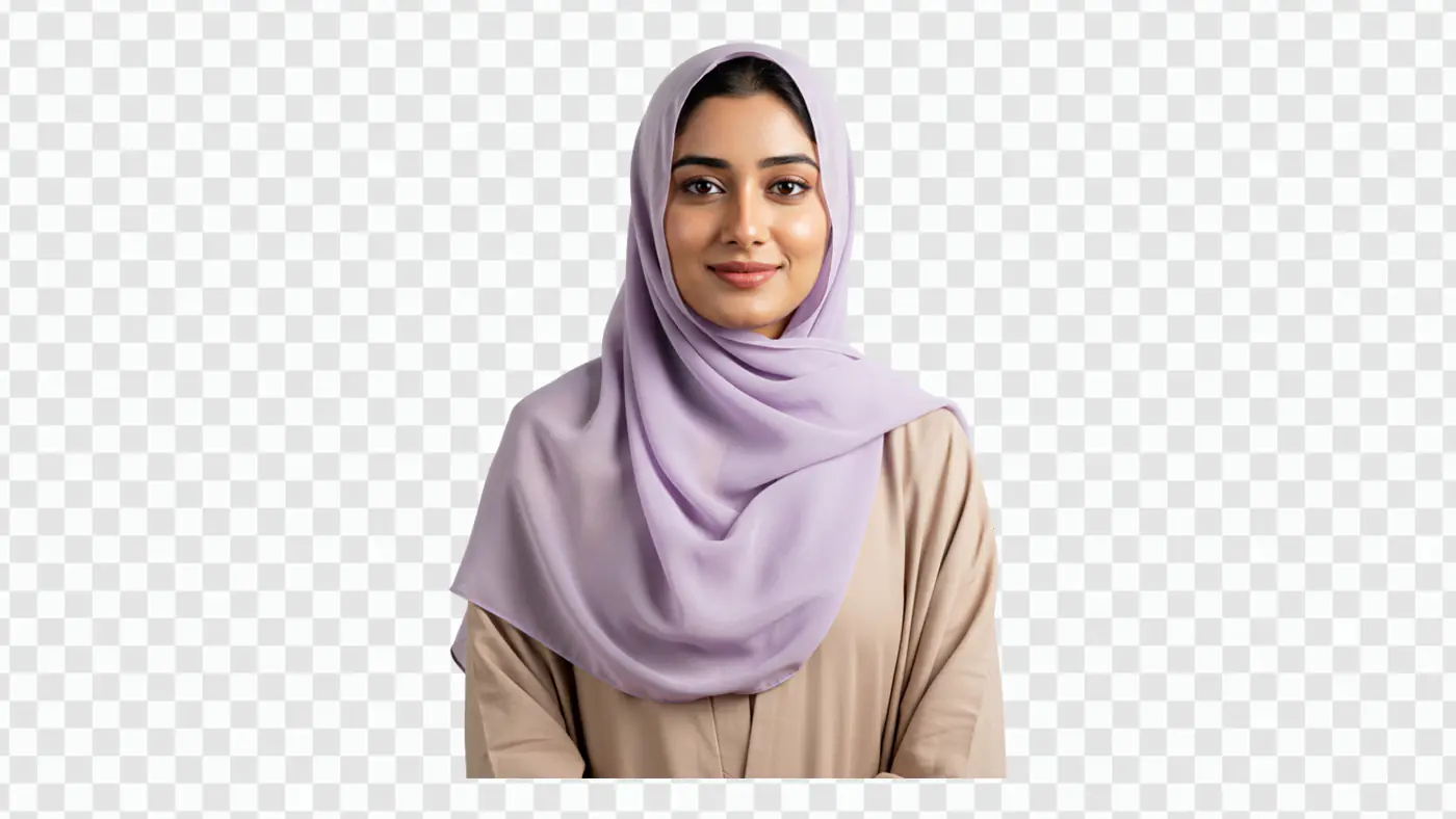 Confident Muslim Woman in Lavender Hijab PNG