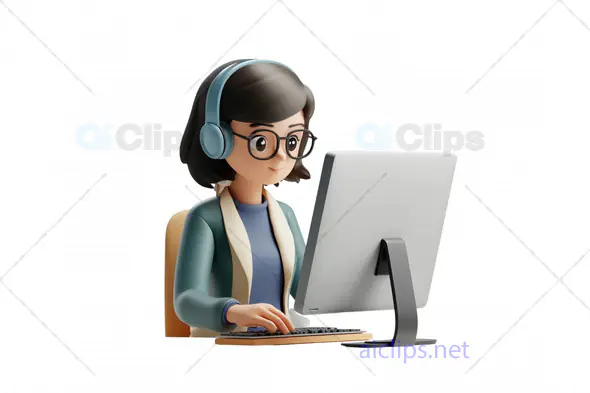 3D Female Character Working at Desktop Computer with Headphones