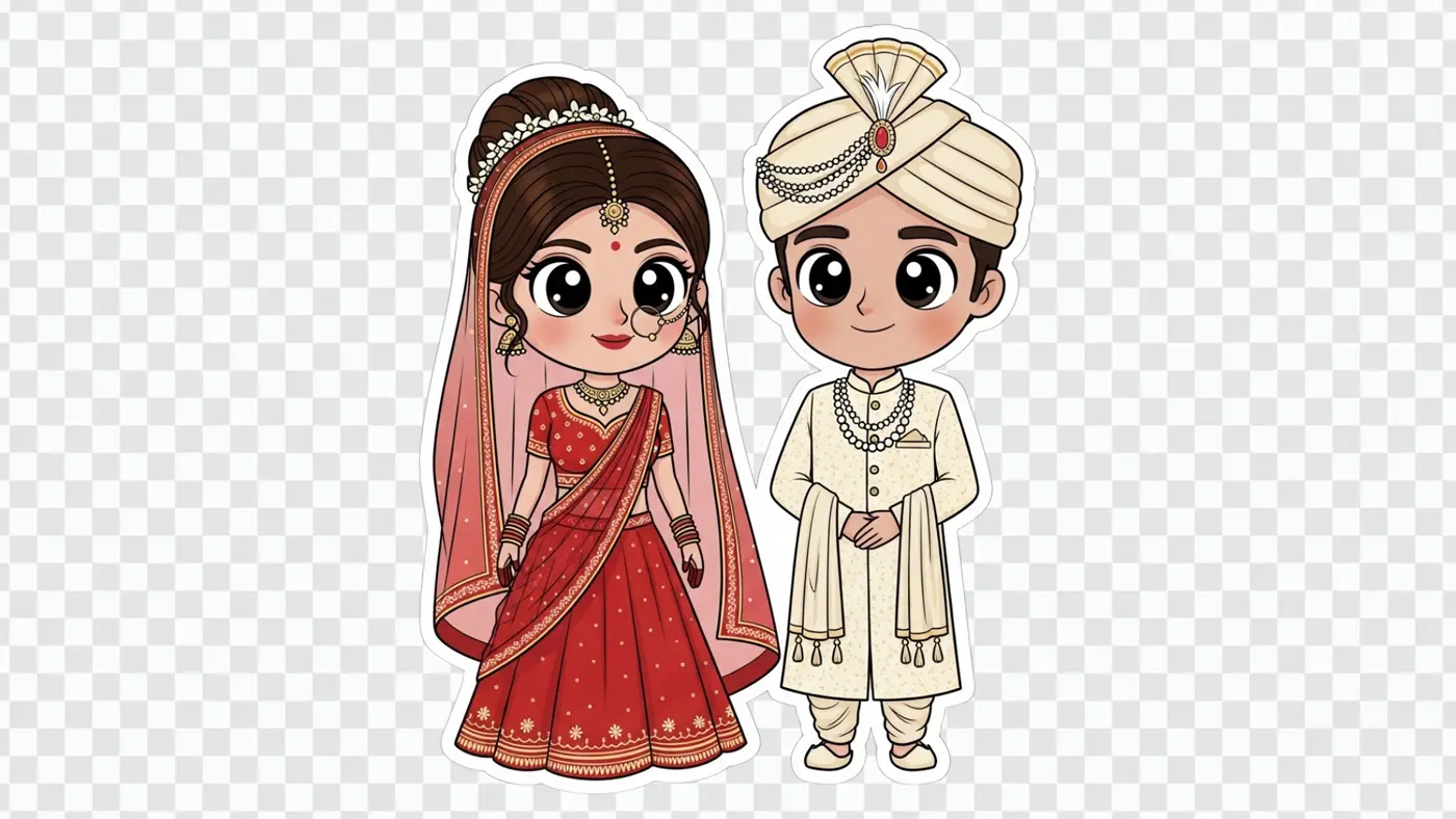 Charming Indian Bride and Groom Cartoon Clipart PNG