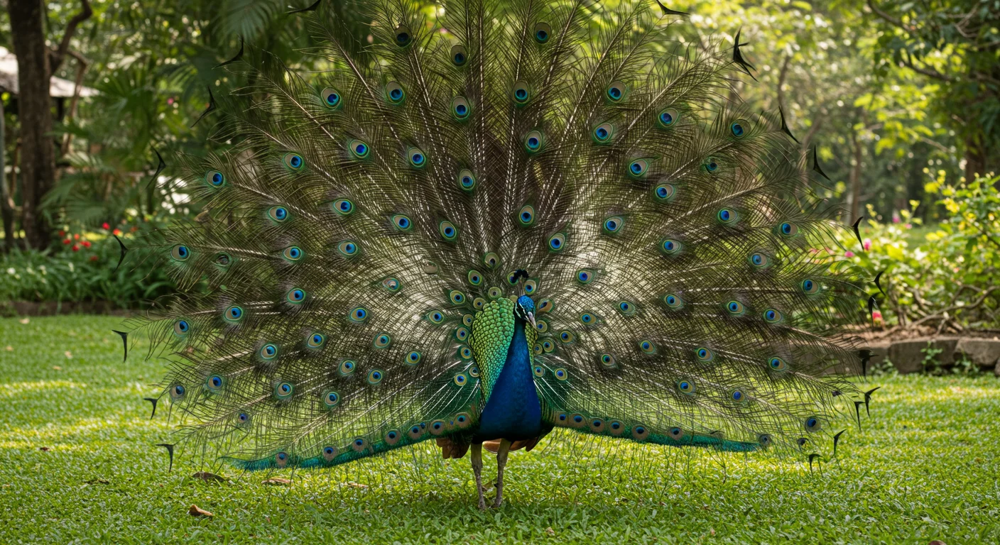 Majestic Peacock Displaying Full Plumage in Garden Setting