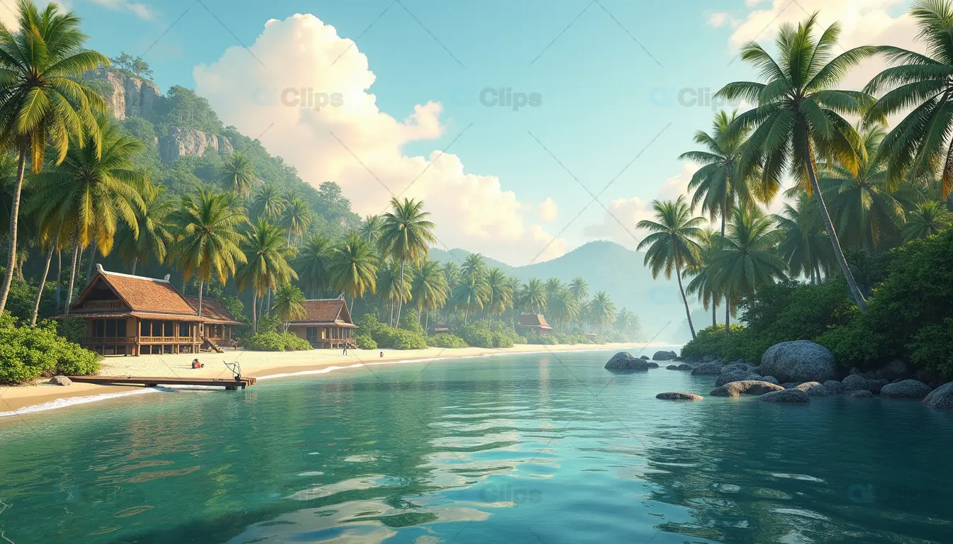 Tropical Beach Paradise with Palm Trees and Huts
