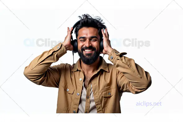 Smiling Man Enjoying Music with Headphones