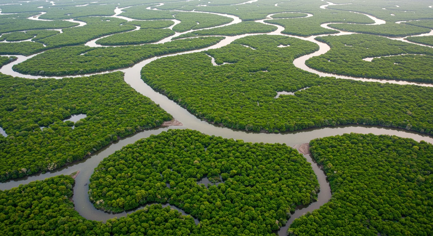 Aerial View of Dense Mangrove Forest with Winding Waterways