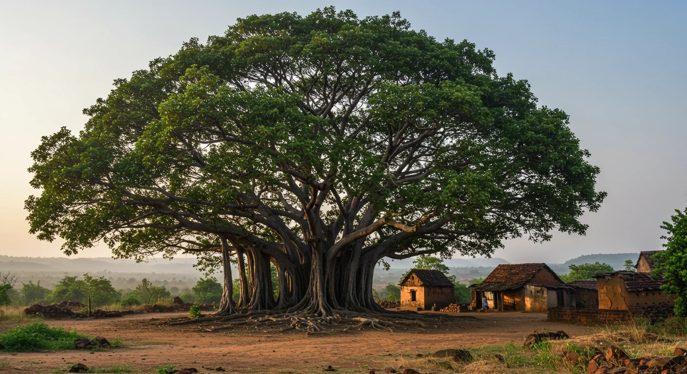 Sacred Banyan Tree in Indian Village – Rural Serenity Landscape