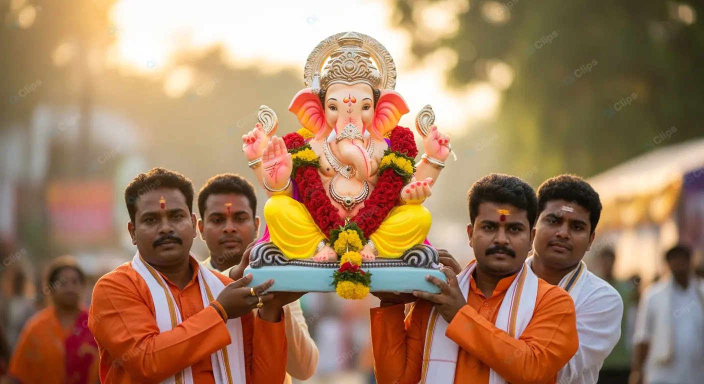 Vibrant Ganesha Idol Carried in Procession