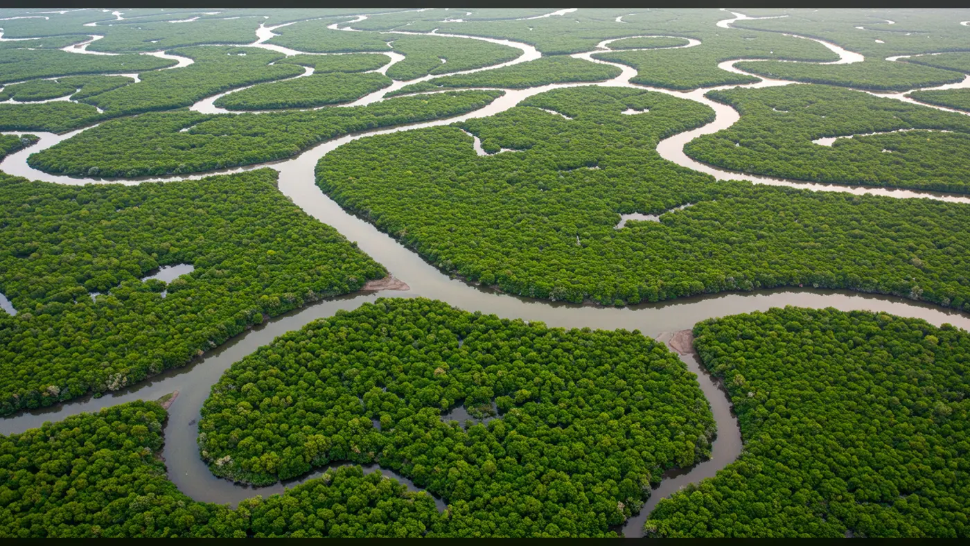 Aerial View of Dense Mangrove Forest with Winding Waterways