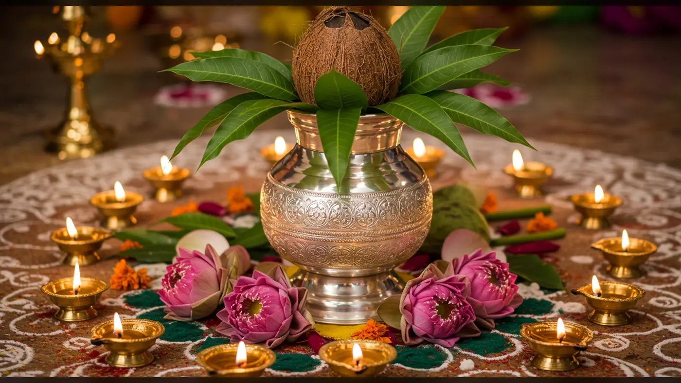 Kalash with Coconut, Mango Leaves & Brass Diyas | AIClips Traditional Puja Visual