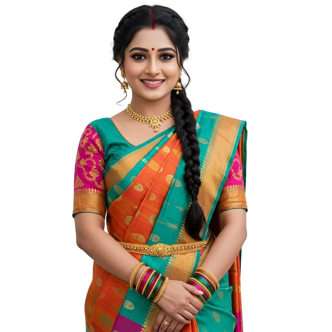 Smiling Woman in Vibrant Silk Saree PNG Clipart