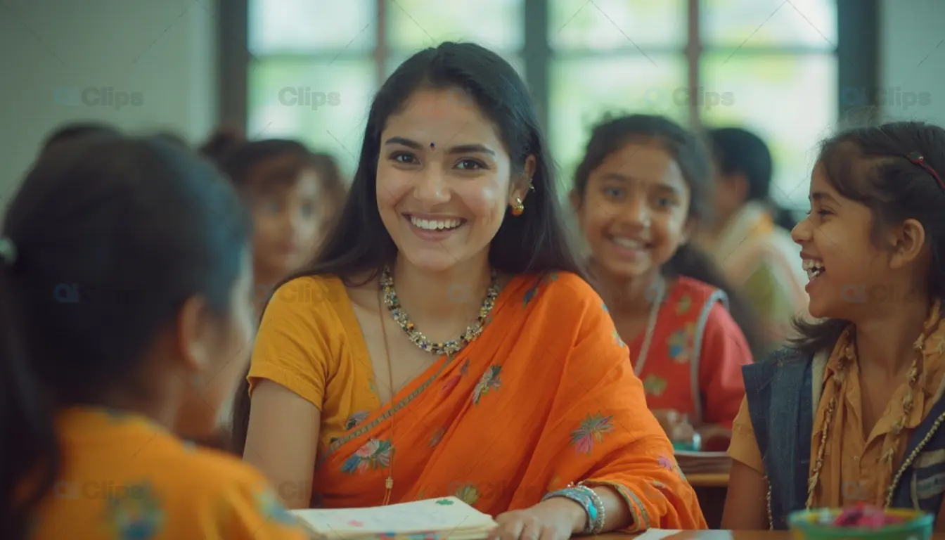 Indian Teacher Smiling with Students in Classroom