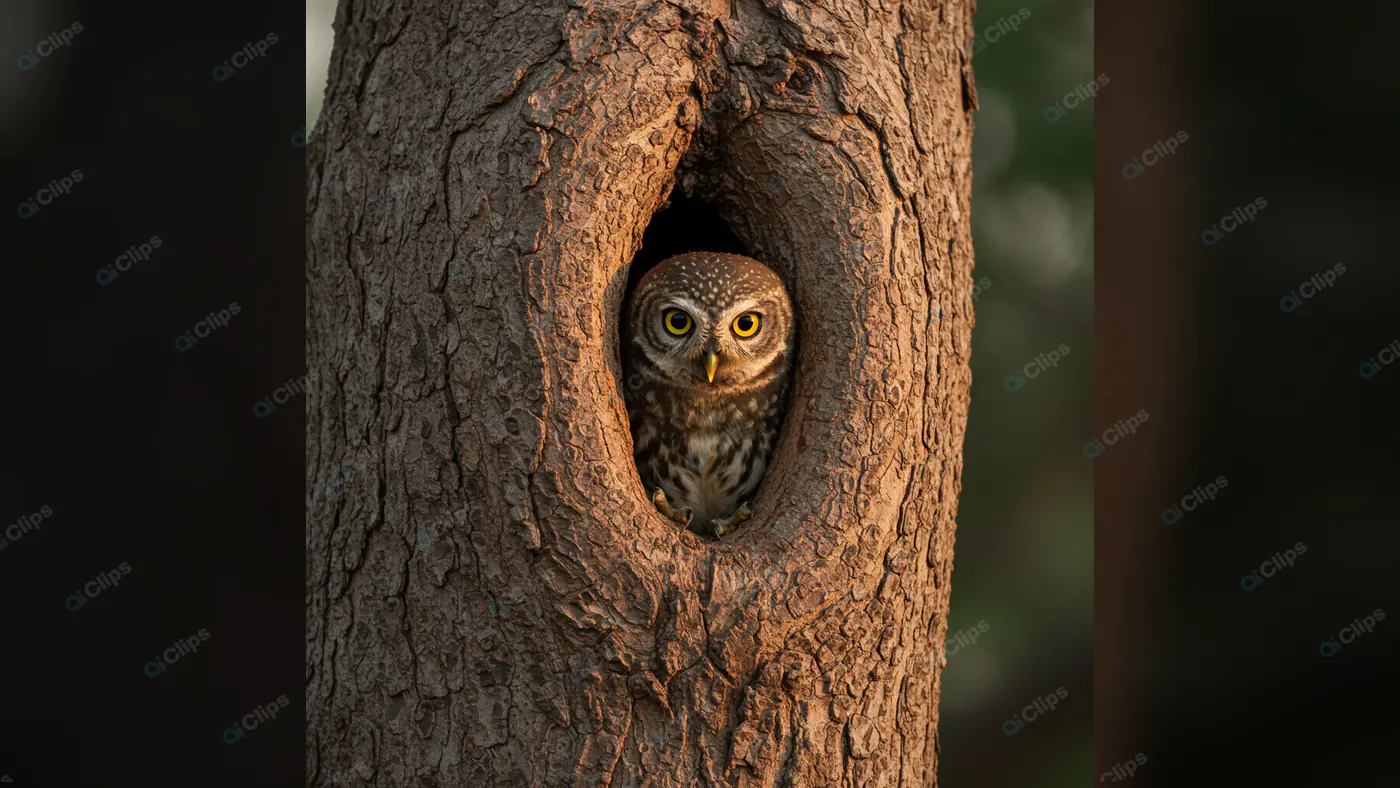 Owl Peeking from Tree Hollow