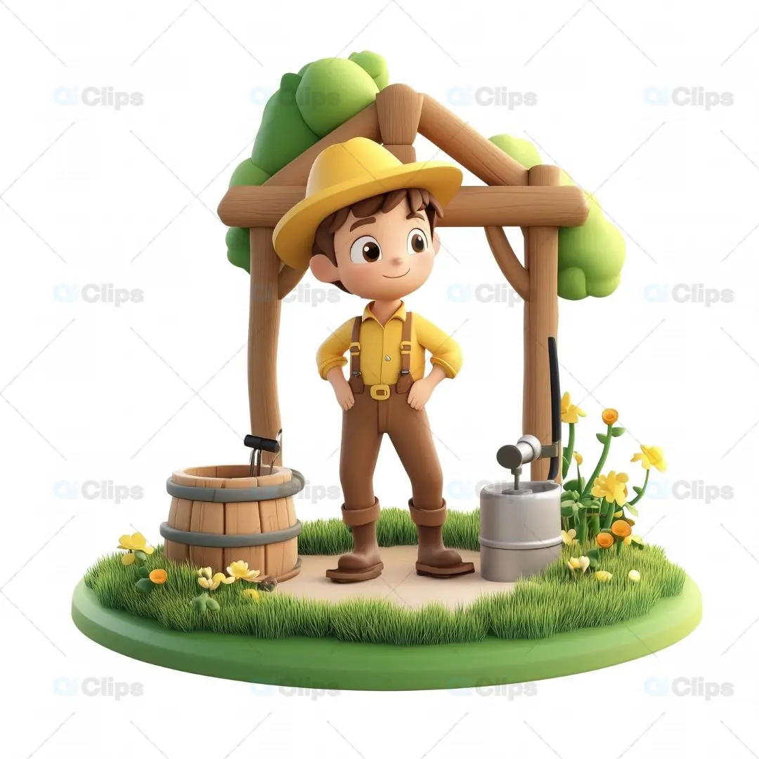 3D Cartoon Farmer at Water Well