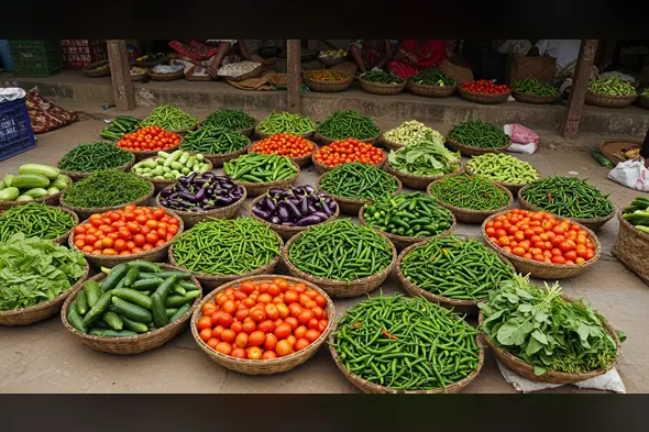Colorful Indian Vegetable Market Basket Display | AIClips Rural Bazaar Stock