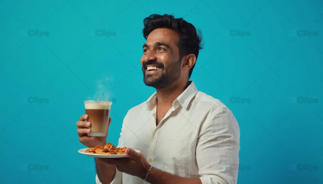 Smiling Man with Coffee and Snacks