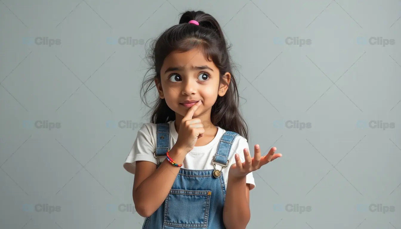 Thinking Young Girl in Denim Overalls