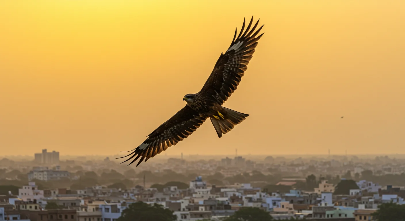 Soaring Eagle Silhouetted Against Urban Skyline at Sunset