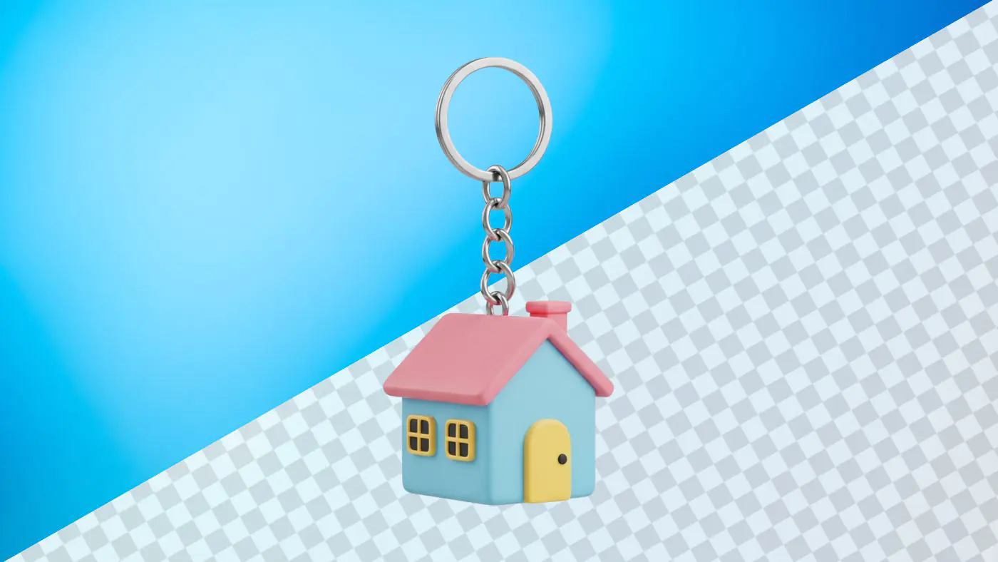 Colorful house keychain with pastel blue and pink
