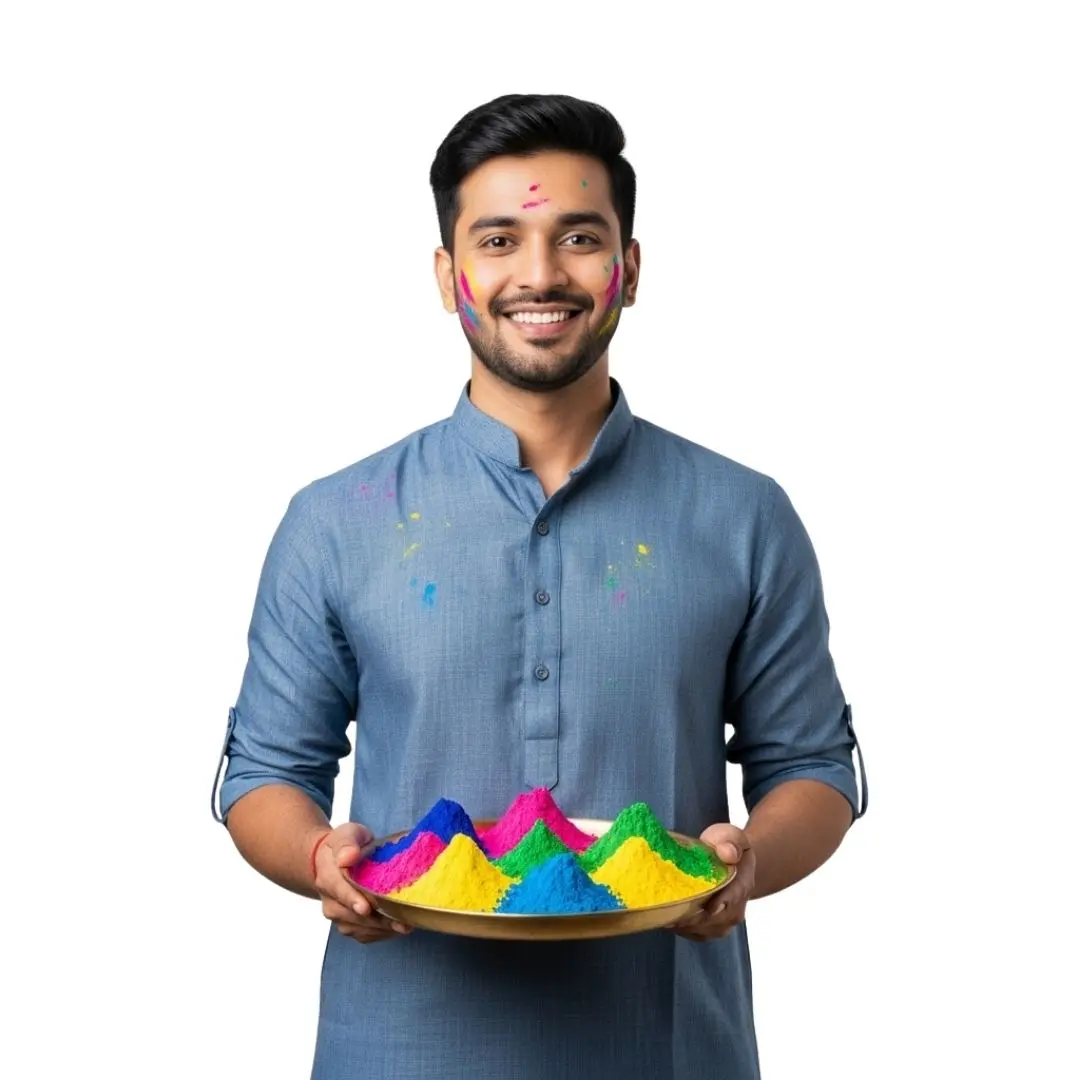 Smiling Indian Man Holding Holi Color Plate PNG Clipart