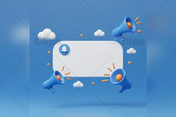 3D Announcement Banner with Megaphones and Clouds