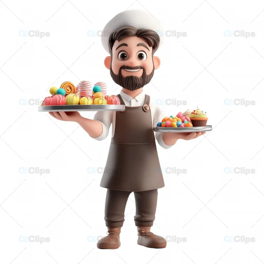 3D Pastry Chef Avatar Holding Dessert Platters