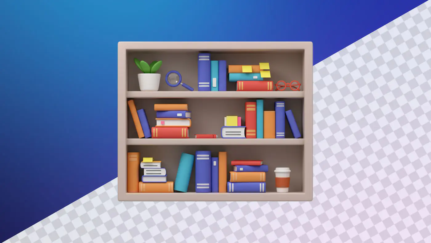 Colorful bookshelf with books and office accessories