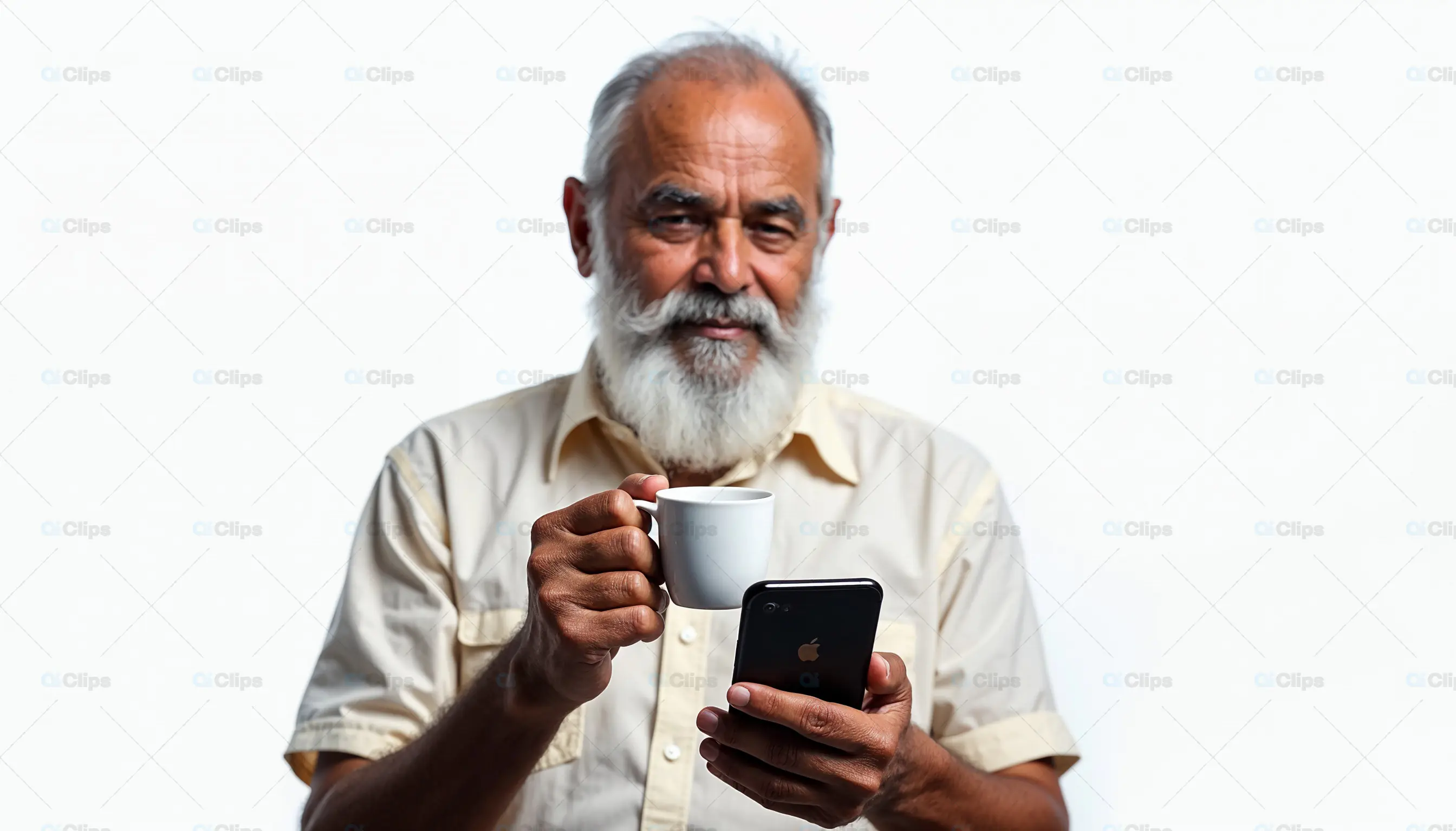 Elderly Man with Smartphone and Coffee Cup