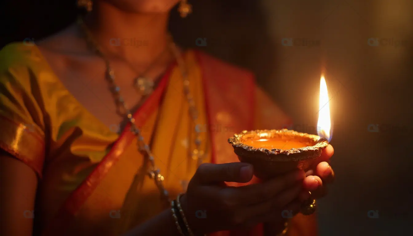 Indian Woman Holding Traditional Diya Lamp