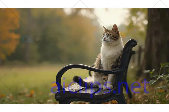 Cat Sitting on Park Bench in Autumn