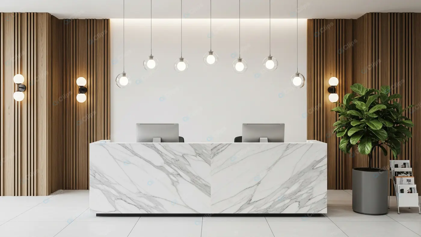 Marble Reception Desk with Pendant Lighting
