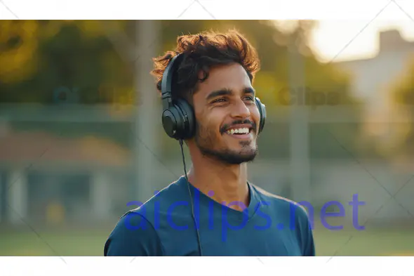 Smiling Man Listening to Music Outdoors