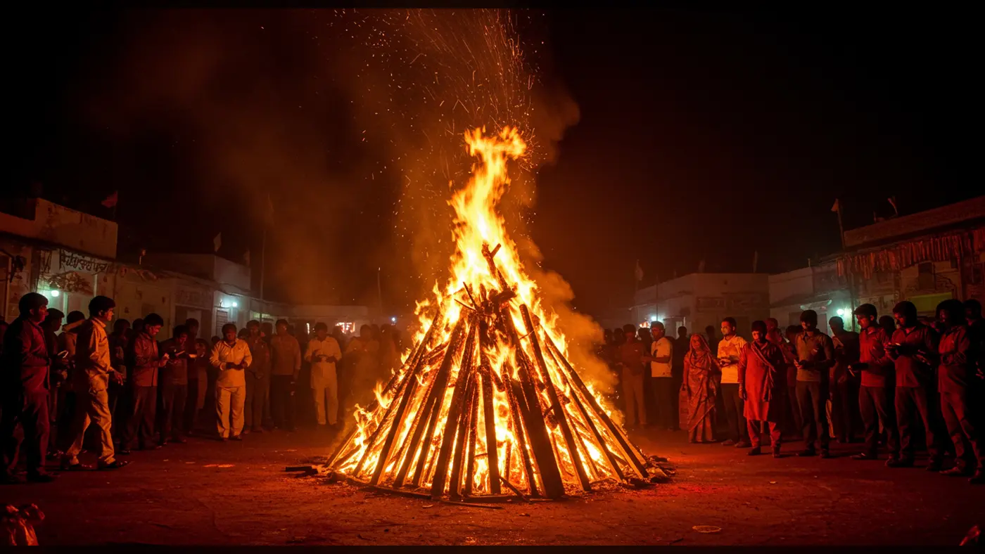 Traditional Holika Dahan Night Ritual with Community Bonfire | AIClips Indian Festive Culture