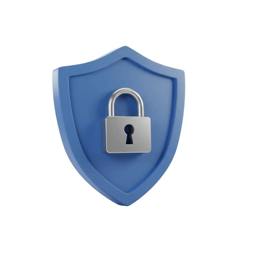 Blue shield with silver padlock security symbol