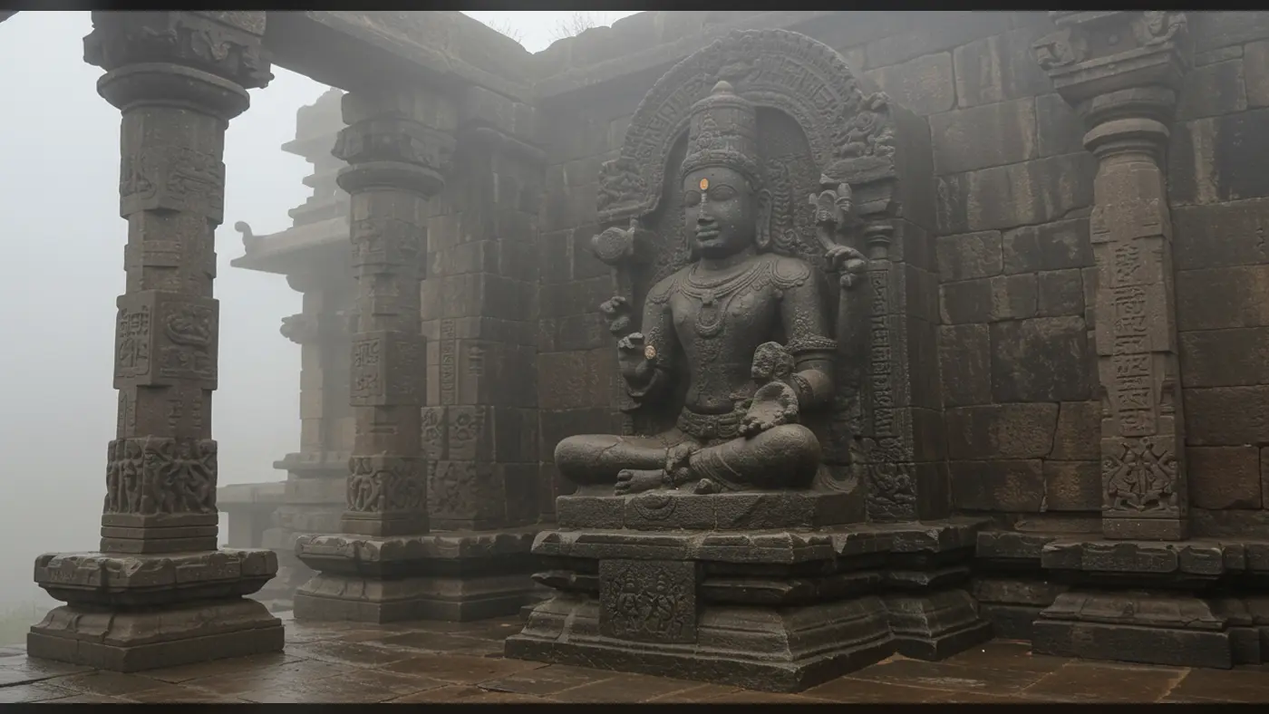 Majestic Stone Idol in Misty Ancient Temple – Spiritual India