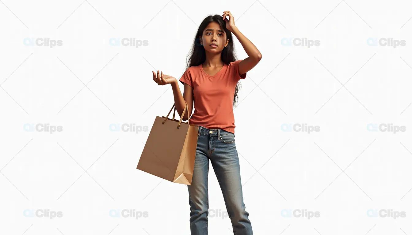 Confused Young Woman Holding Shopping Bag on White Background