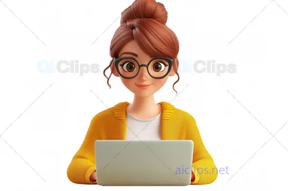 3D Female Avatar with Glasses Working on Laptop